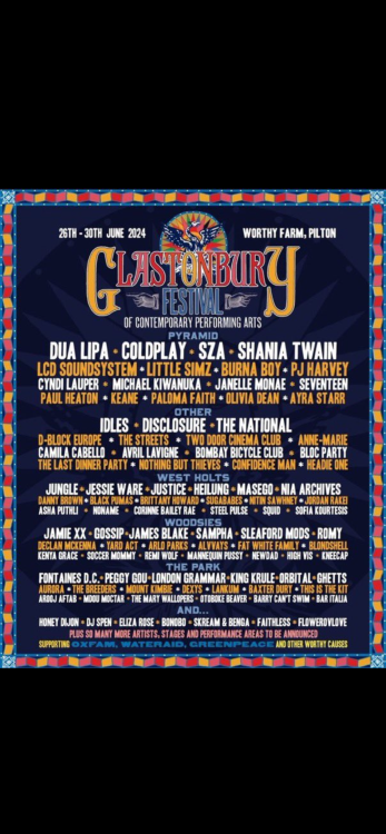 Glastonbury Lineup Poster 2024 Chat Efestivals